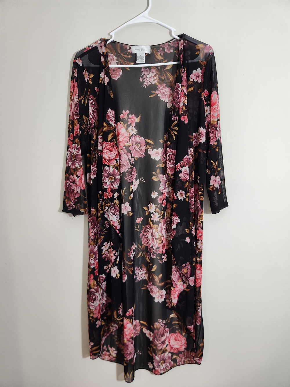 Grandmacore Sheer Black Floral Duster Kimono Pink Roses Elegant Mrs Roper Emma